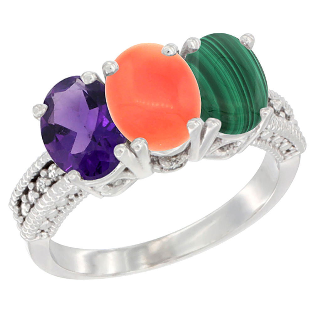 14K White Gold Natural Amethyst, Coral &amp; Malachite Ring 3-Stone 7x5 mm Oval Diamond Accent, sizes 5 - 10