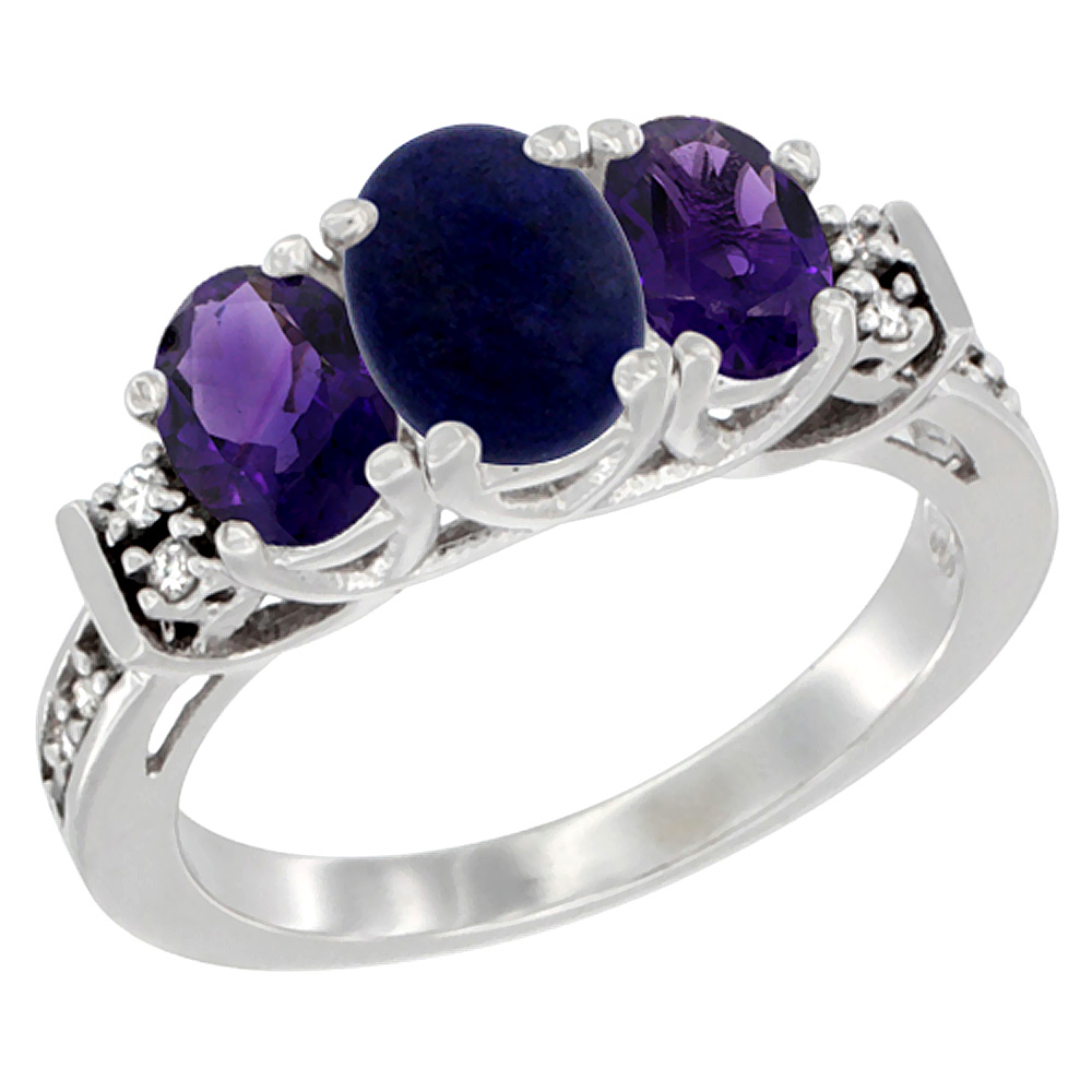 10K White Gold Natural Lapis & Amethyst Ring 3-Stone Oval Diamond Accent, sizes 5-10