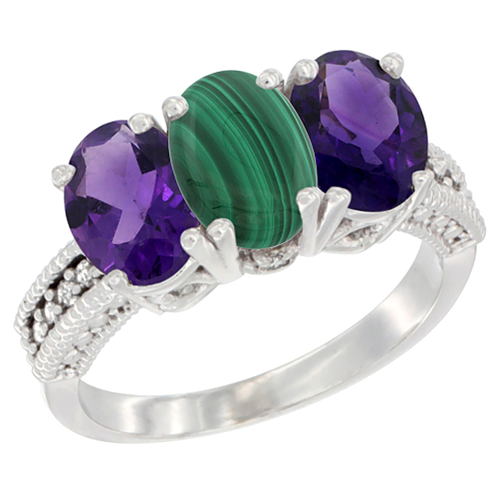 10K White Gold Natural Malachite & Amethyst Sides Ring 3-Stone Oval 7x5 mm Diamond Accent, sizes 5 - 10