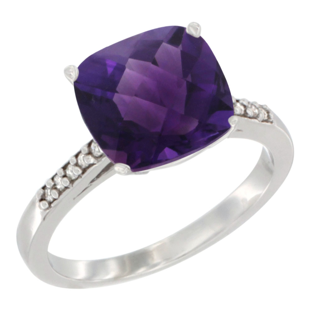 14K White Gold Natural Amethyst Ring 9 mm Cushion-cut Diamond accent, sizes 5 - 10