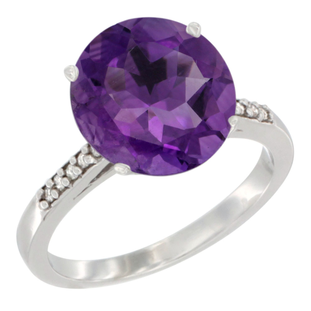 10K White Gold Natural Amethyst Ring Round 10mm Diamond accent, sizes 5 - 10