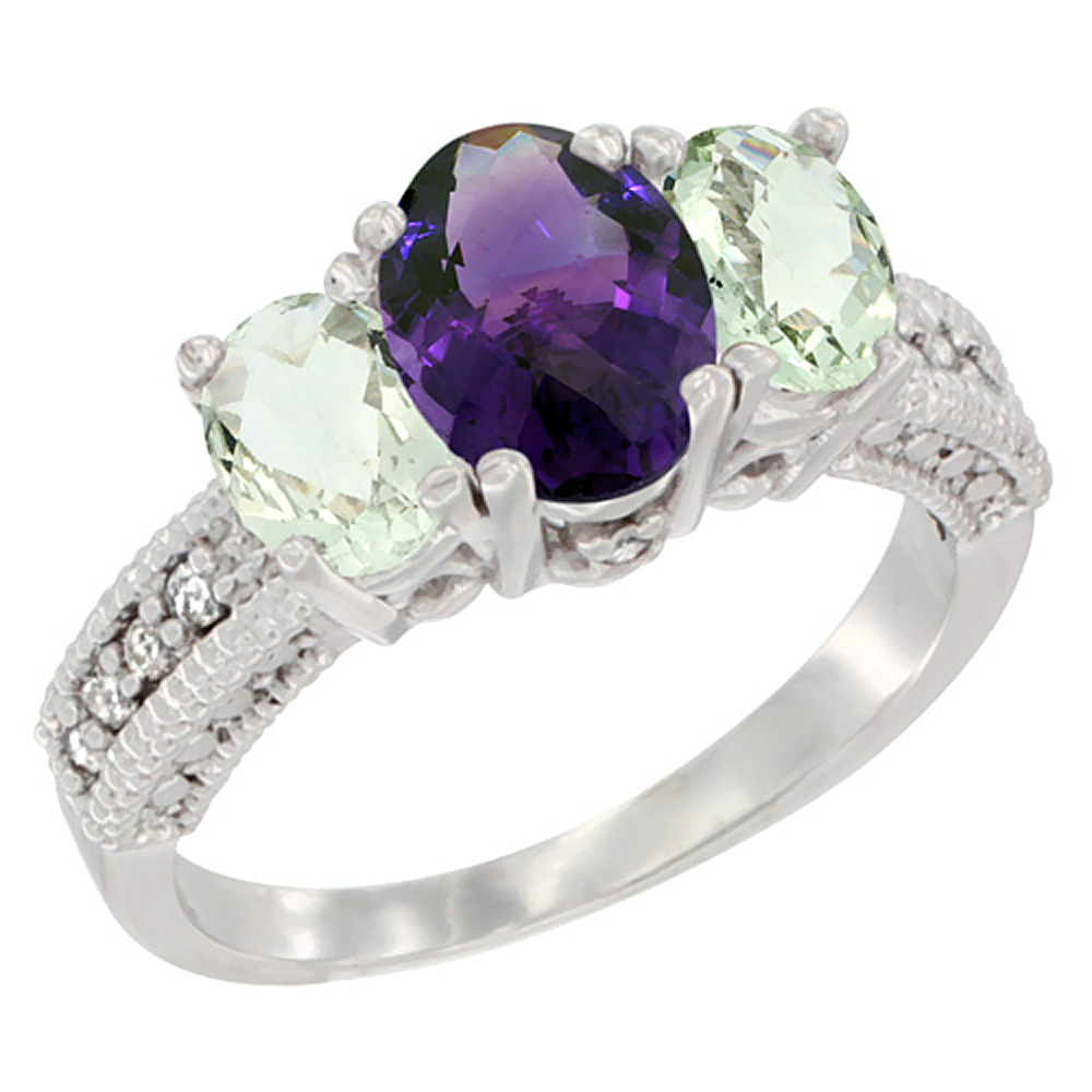 14K White Gold Diamond Natural Amethyst Ring Oval 3-stone with Green Amethyst, sizes 5 - 10
