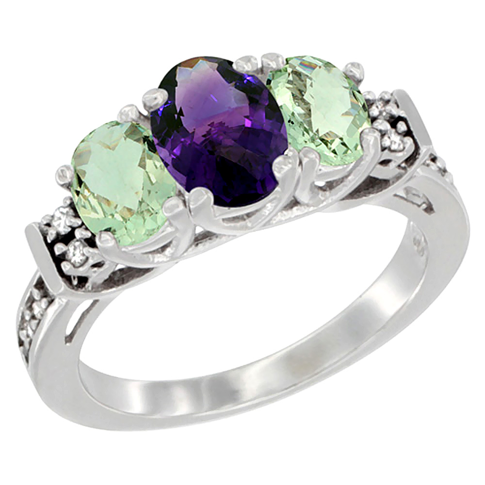 14K White Gold Natural Amethyst & Green Amethyst Ring 3-Stone Oval Diamond Accent, sizes 5-10