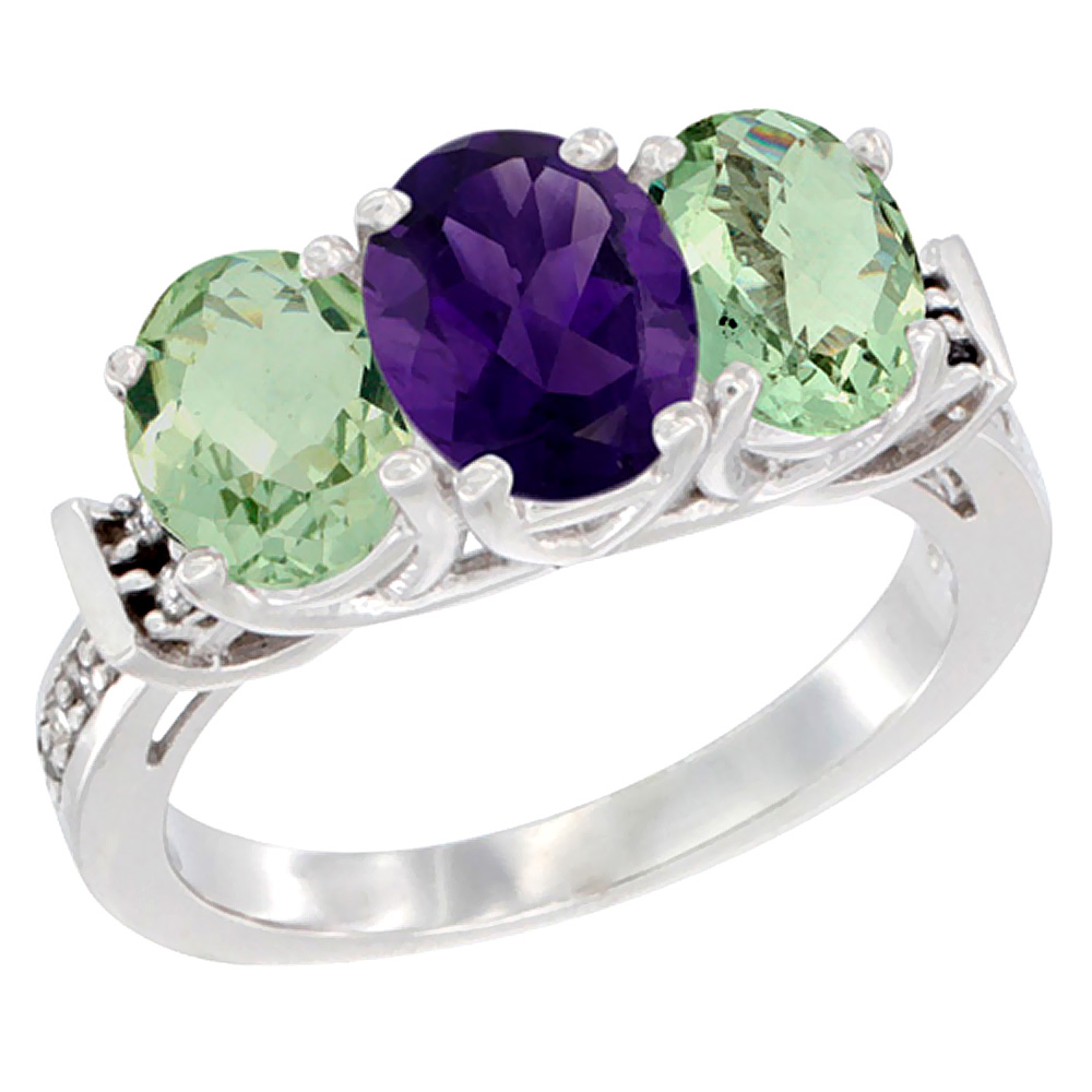 14K White Gold Natural Purple & Green Amethysts Ring 3-Stone Oval Diamond Accent, sizes 5 - 10