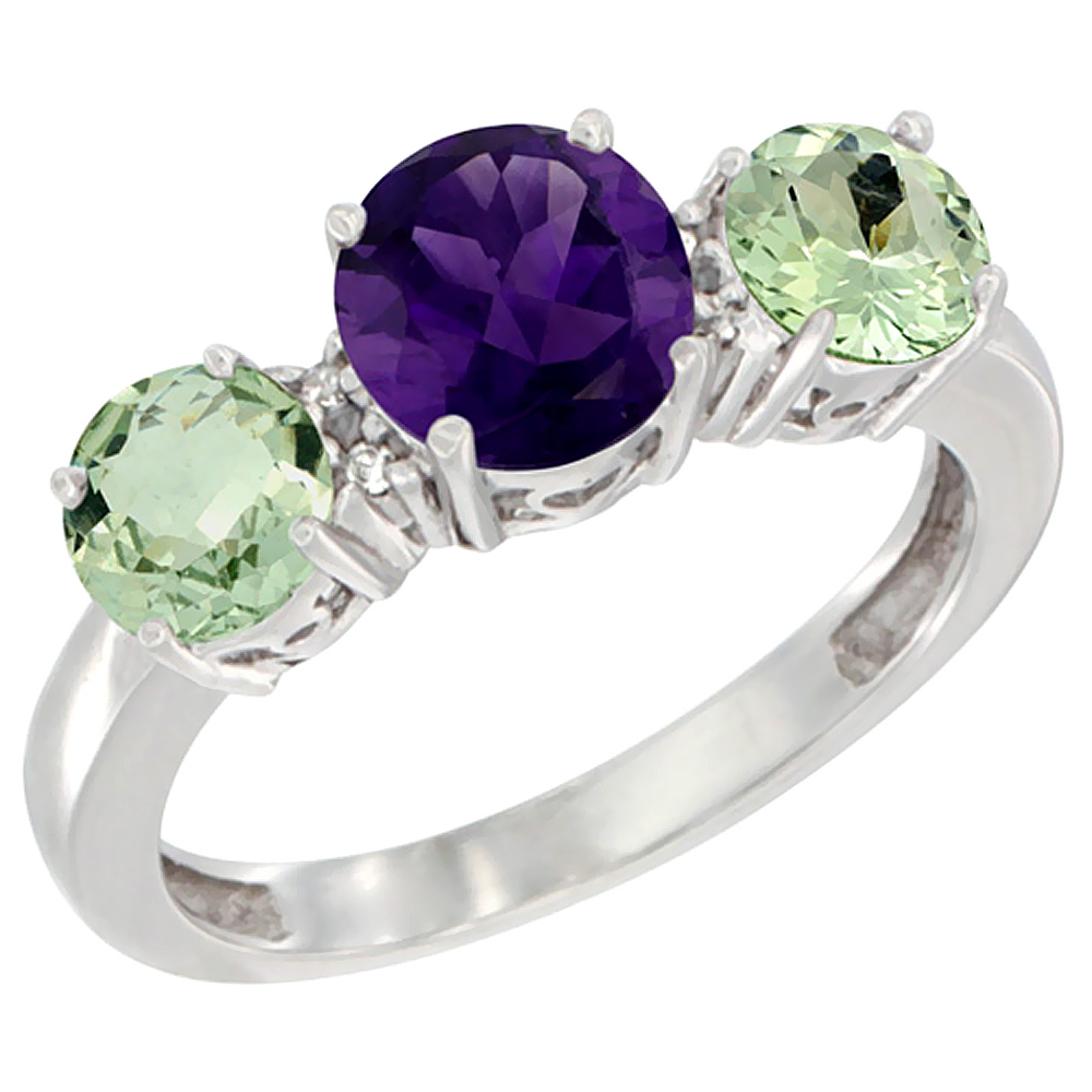 10K White Gold Round 3-Stone Natural Amethyst Ring & Green Amethyst Sides Diamond Accent, sizes 5 - 10