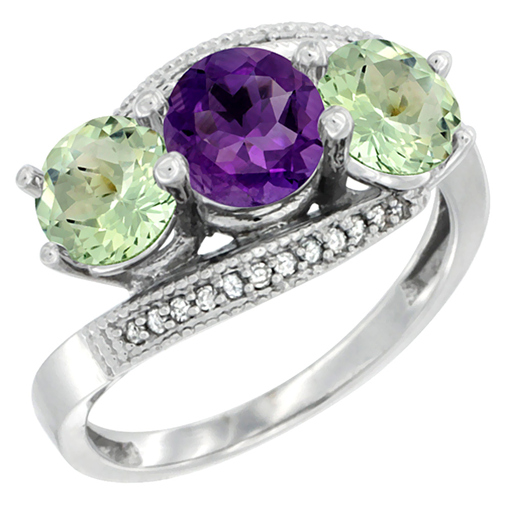 10K White Gold Natural Purple & Green Amethyst Sides 3 stone Ring Round 6mm Diamond Accent, sizes 5 - 10