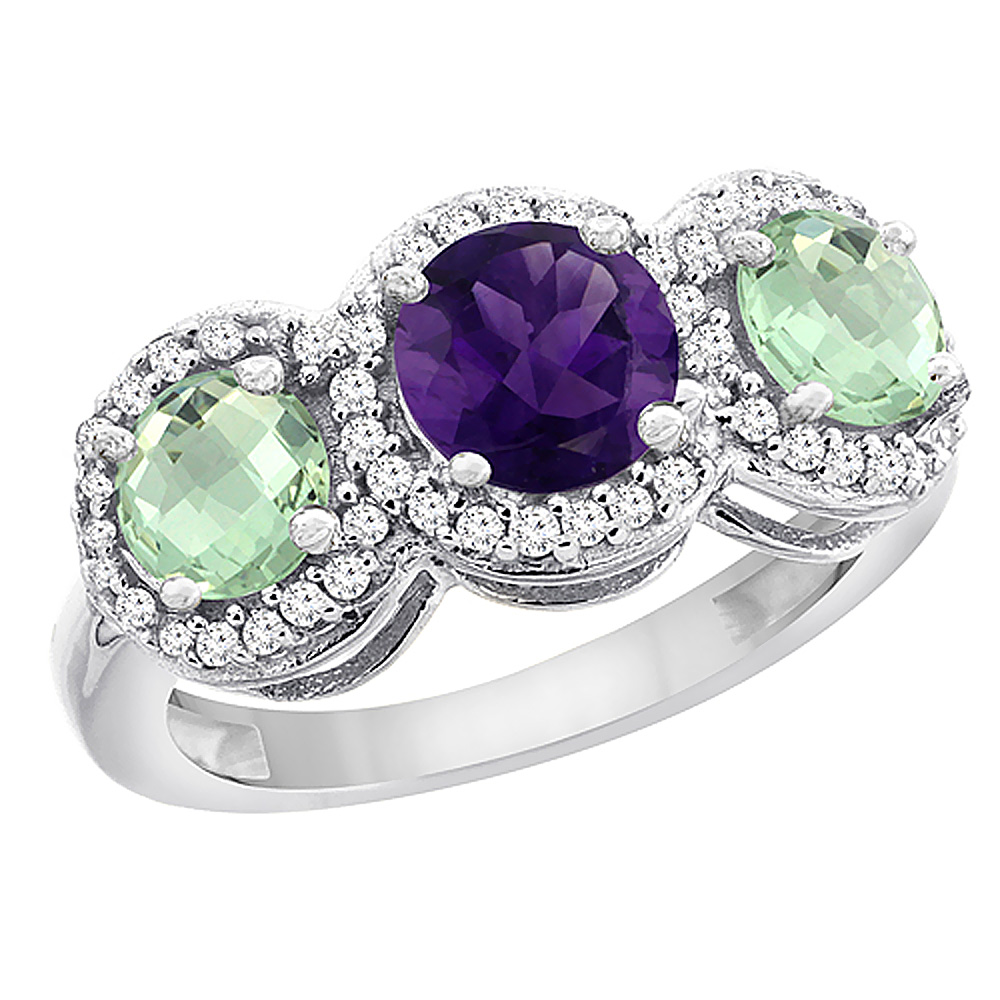 10K White Gold Natural Amethyst &amp; Green Amethyst Sides Round 3-stone Ring Diamond Accents, sizes 5 - 10