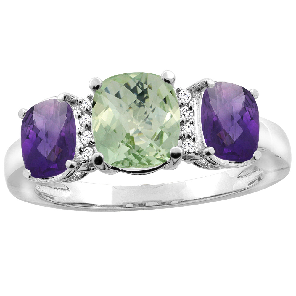 14K White Gold Natural Green Amethyst & Amethyst 3-stone Ring Cushion 8x6mm Diamond Accent, sizes 5 - 10