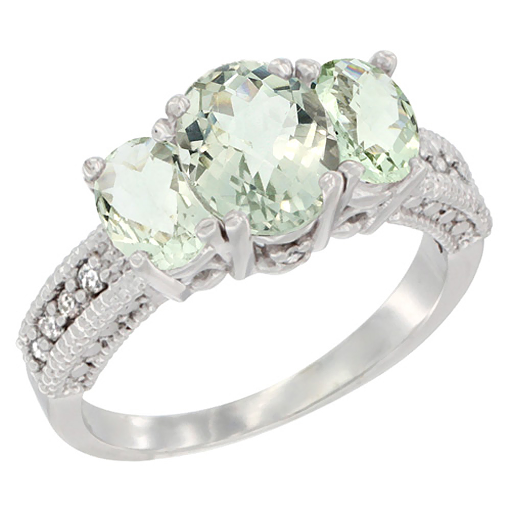 14K White Gold Diamond Natural Green Amethyst Ring Oval 3-stone, sizes 5 - 10