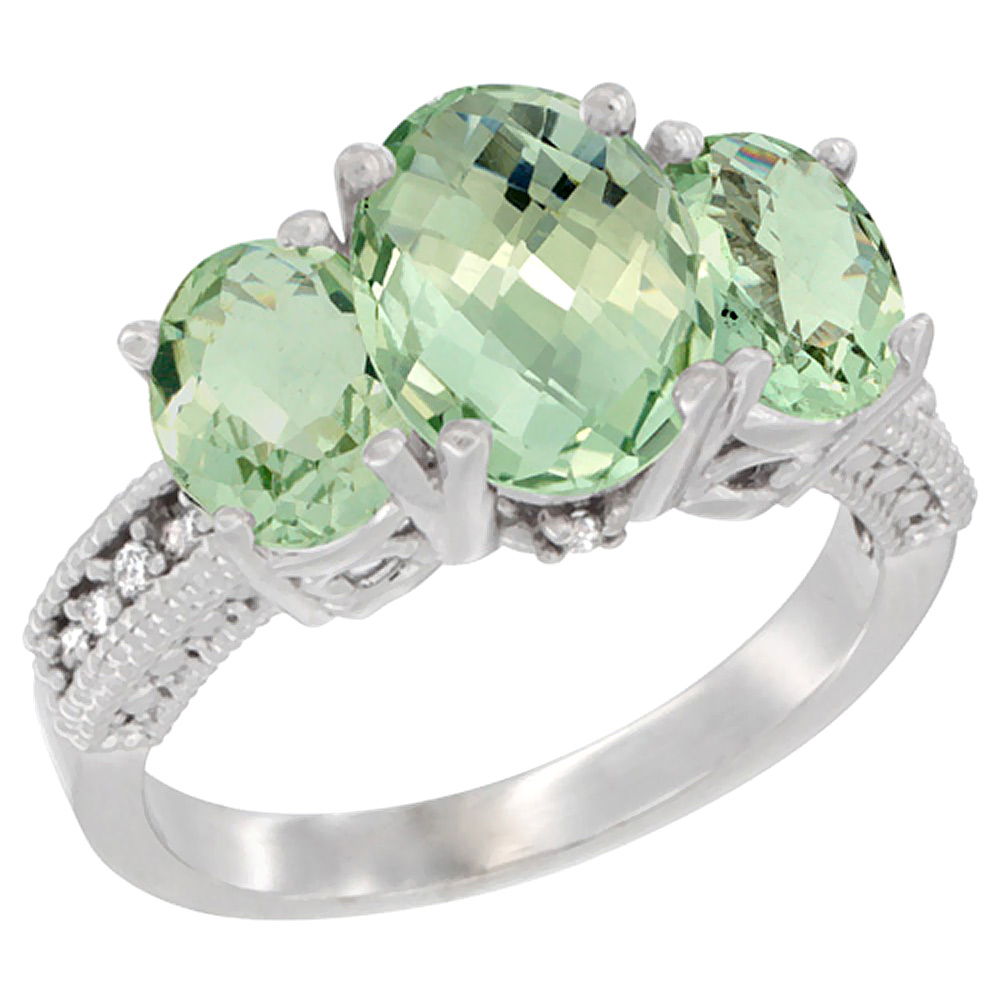 14K White Gold Diamond Natural Green Amethyst Ring 3-Stone Oval 8x6mm, sizes5-10