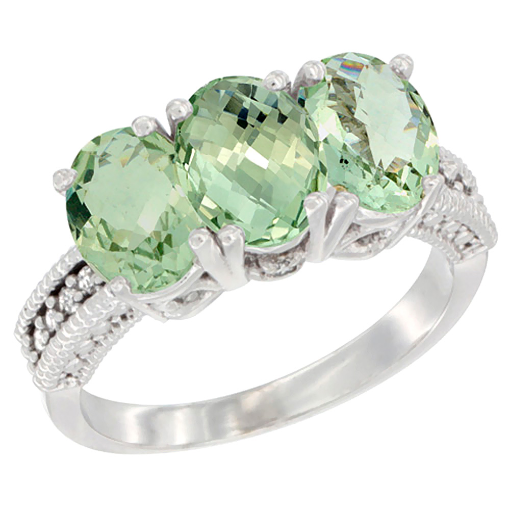 14K White Gold Natural Green Amethyst Ring 3-Stone 7x5 mm Oval Diamond Accent, sizes 5 - 10