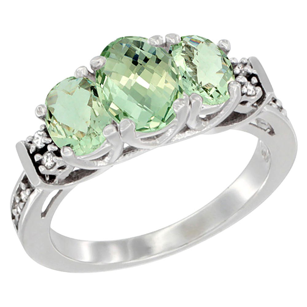 14K White Gold Natural Green Amethyst Ring 3-Stone Oval Diamond Accent, sizes 5-10