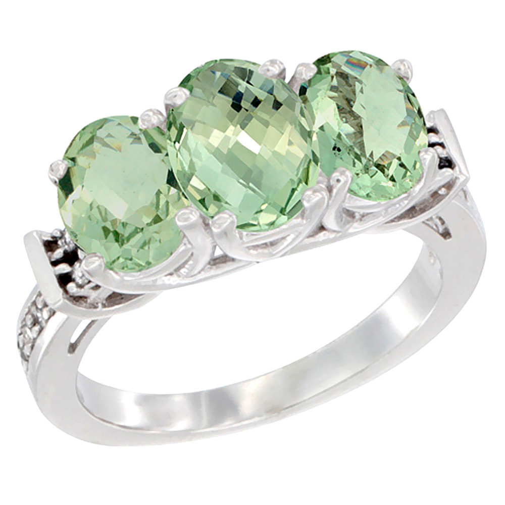 14K White Gold Natural Green Amethyst Ring 3-Stone Oval Diamond Accent, sizes 5 - 10