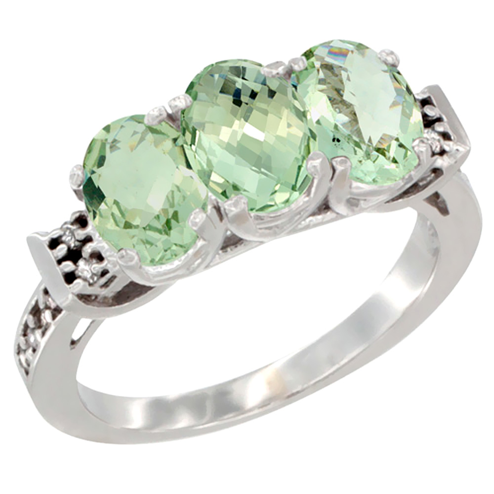 10K White Gold Natural Green Amethyst Ring 3-Stone Oval 7x5 mm Diamond Accent, sizes 5 - 10