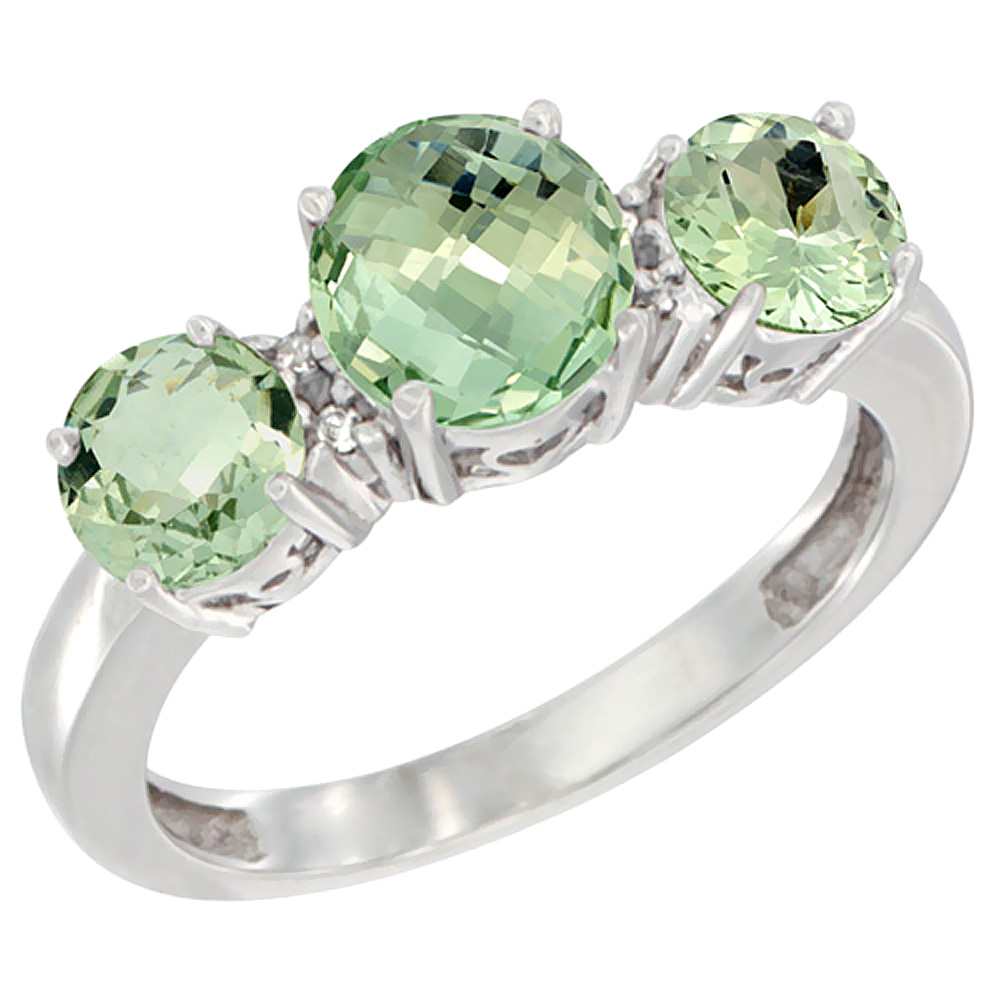 14K White Gold Round 3-Stone Natural Green Amethyst Ring Diamond Accent, sizes 5 - 10