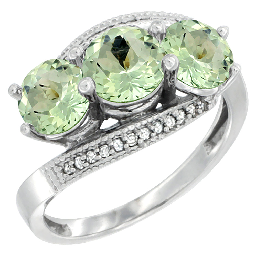 14K White Gold Natural Green Amethyst 3 stone Ring Round 6mm Diamond Accent, sizes 5 - 10