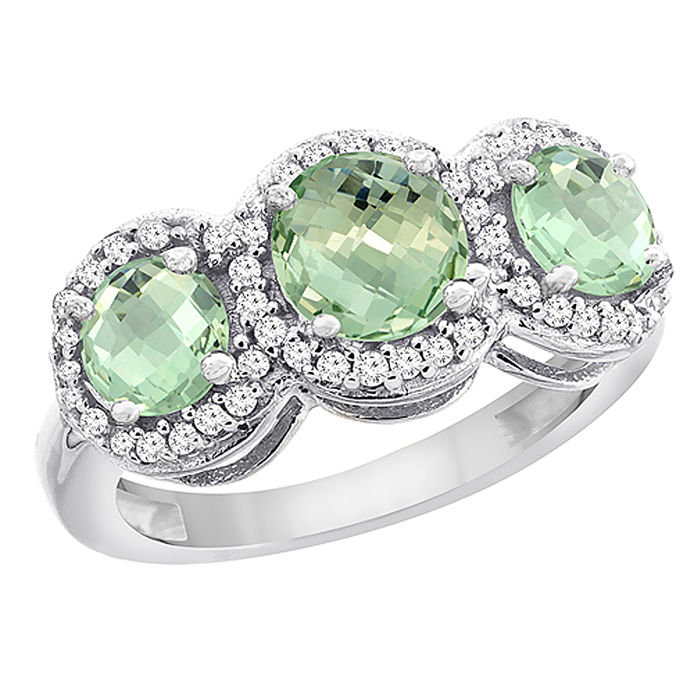 10K White Gold Natural Green Amethyst Round 3-stone Ring Diamond Accents, sizes 5 - 10
