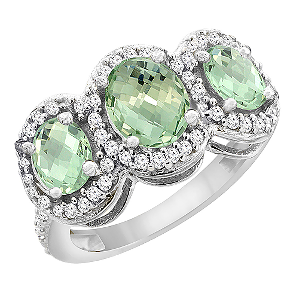 14K White Gold Natural Green Amethyst 3-Stone Ring Oval Diamond Accent, sizes 5 - 10