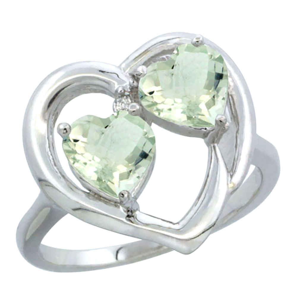 14K White Gold Diamond Two-stone Heart Ring 6mm Natural Green Amethyst, sizes 5-10