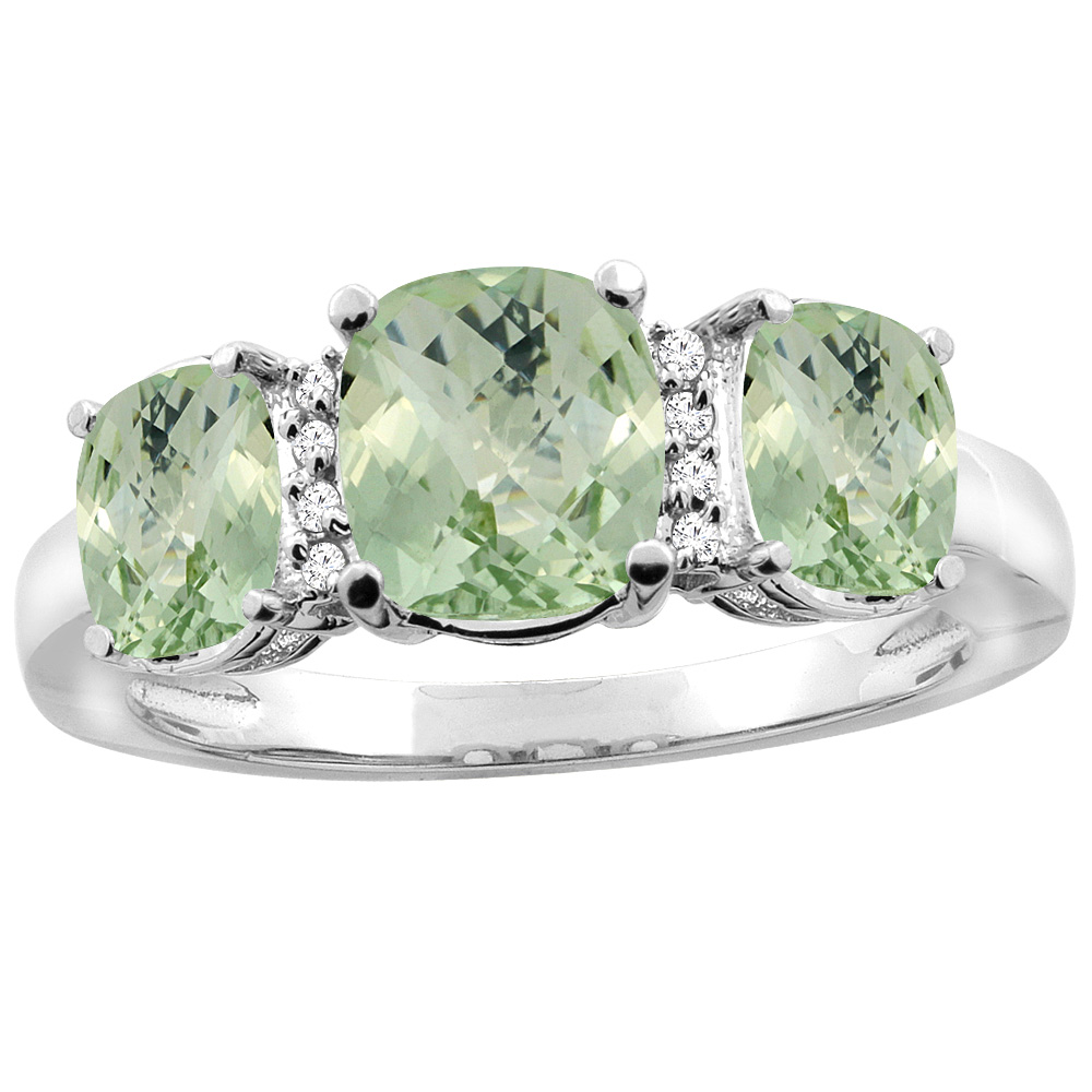 14K White Gold Natural Green Amethyst 3-stone Ring Cushion 8x6mm Diamond Accent, sizes 5 - 10
