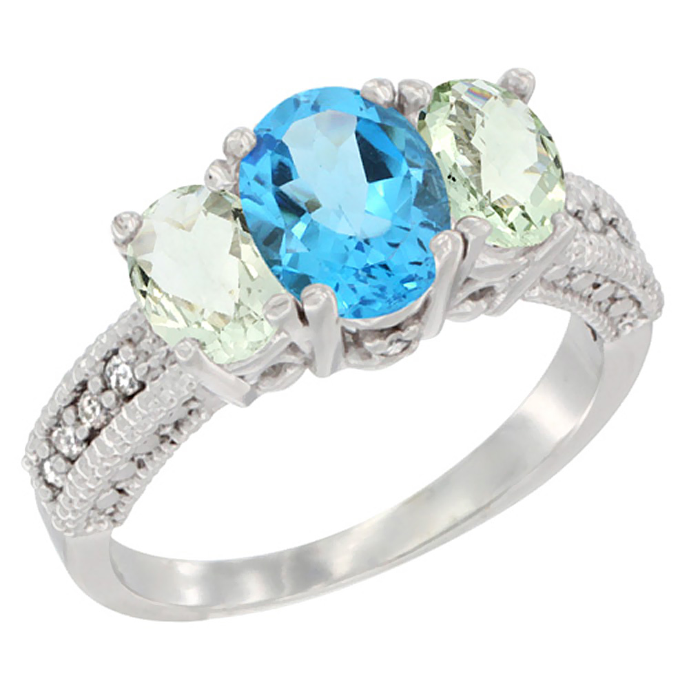 10K White Gold Diamond Natural Swiss Blue Topaz Ring Oval 3-stone with Green Amethyst, sizes 5 - 10