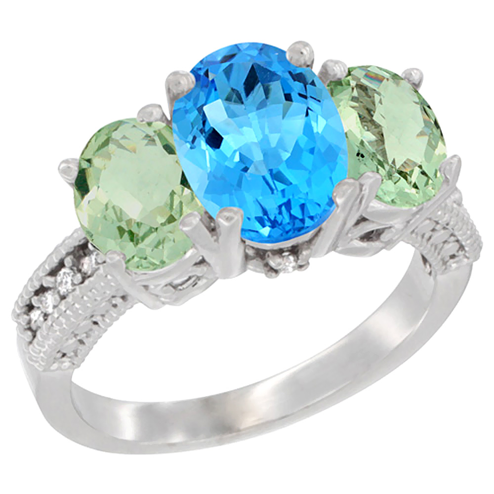 10K White Gold Diamond Natural Swiss Blue Topaz Ring 3-Stone Oval 8x6mm with Green Amethyst, sizes5-10