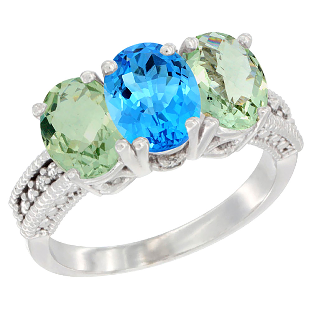 14K White Gold Natural Swiss Blue Topaz &amp; Green Amethyst Ring 3-Stone 7x5 mm Oval Diamond Accent, sizes 5 - 10
