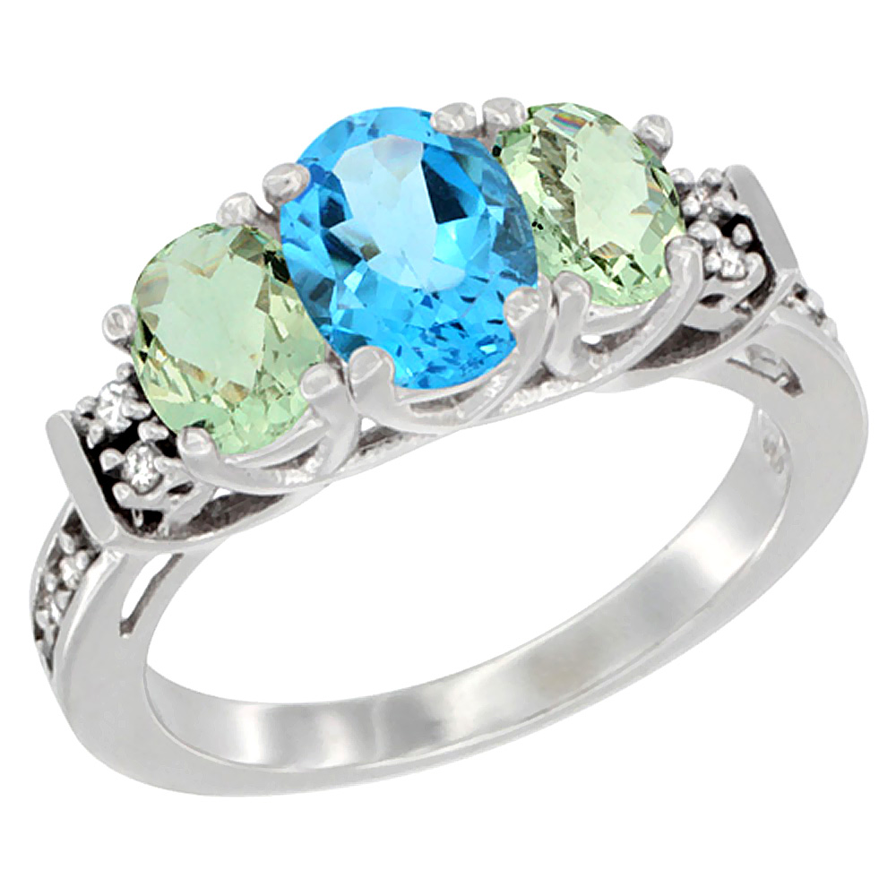 14K White Gold Natural Swiss Blue Topaz & Green Amethyst Ring 3-Stone Oval Diamond Accent, sizes 5-10