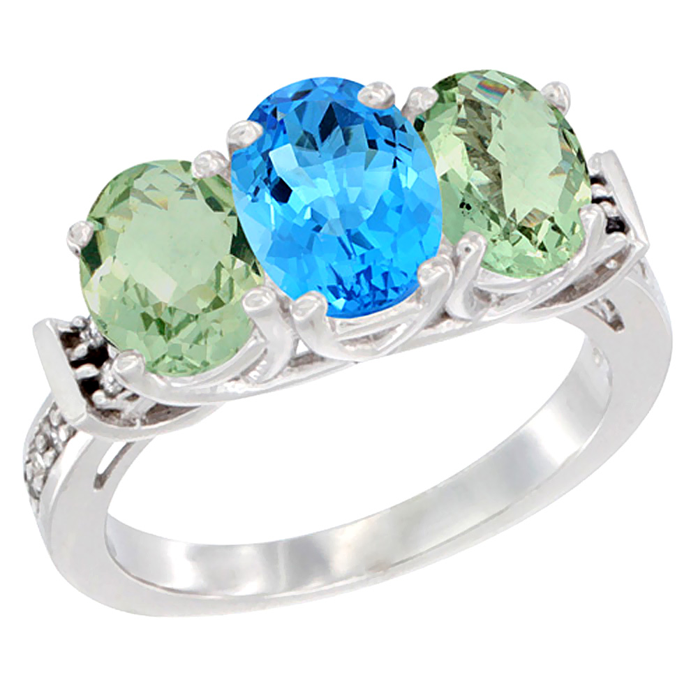 14K White Gold Natural Swiss Blue Topaz &amp; Green Amethyst Sides Ring 3-Stone Oval Diamond Accent, sizes 5 - 10