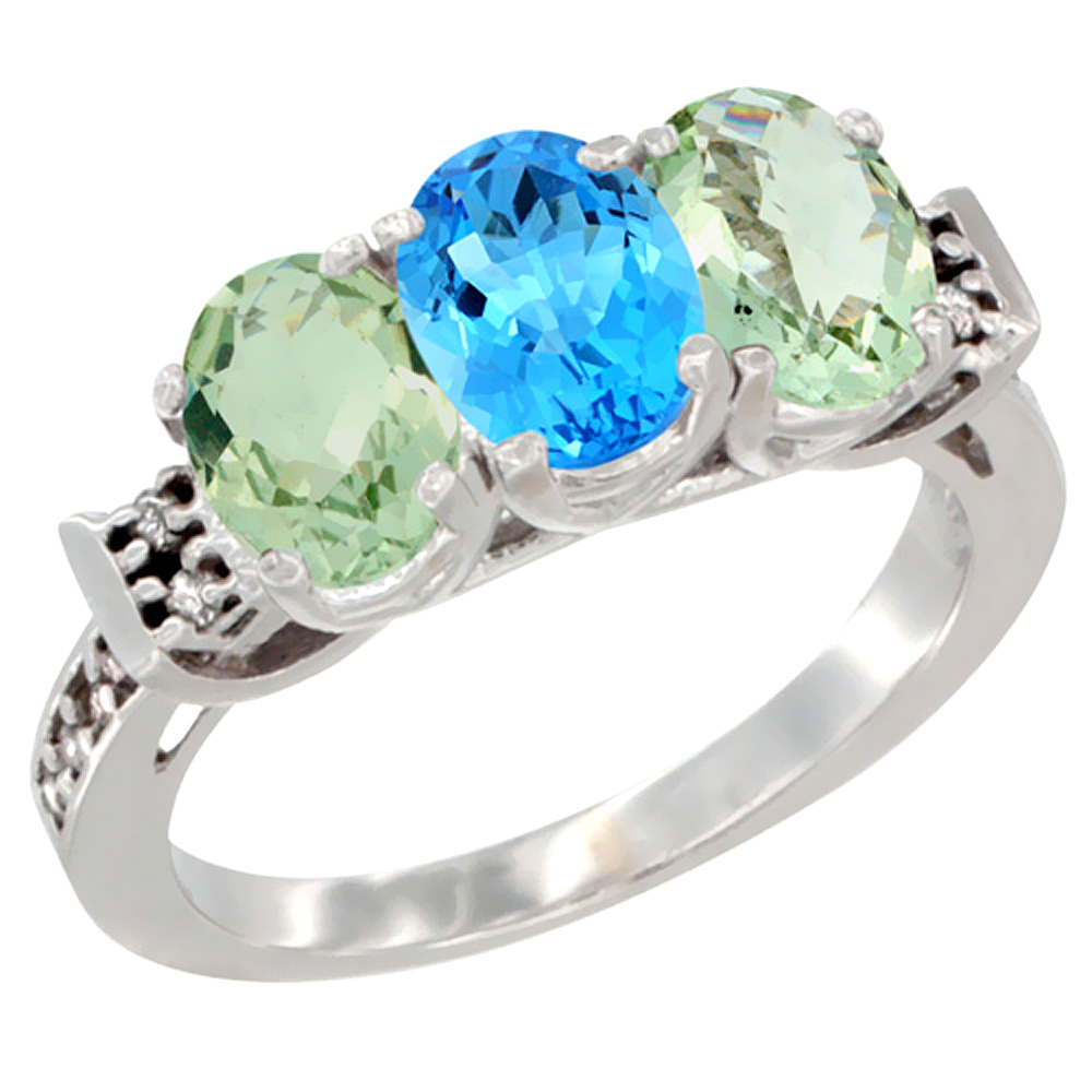 14K White Gold Natural Swiss Blue Topaz & Green Amethyst Sides Ring 3-Stone 7x5 mm Oval Diamond Accent, sizes 5 - 10