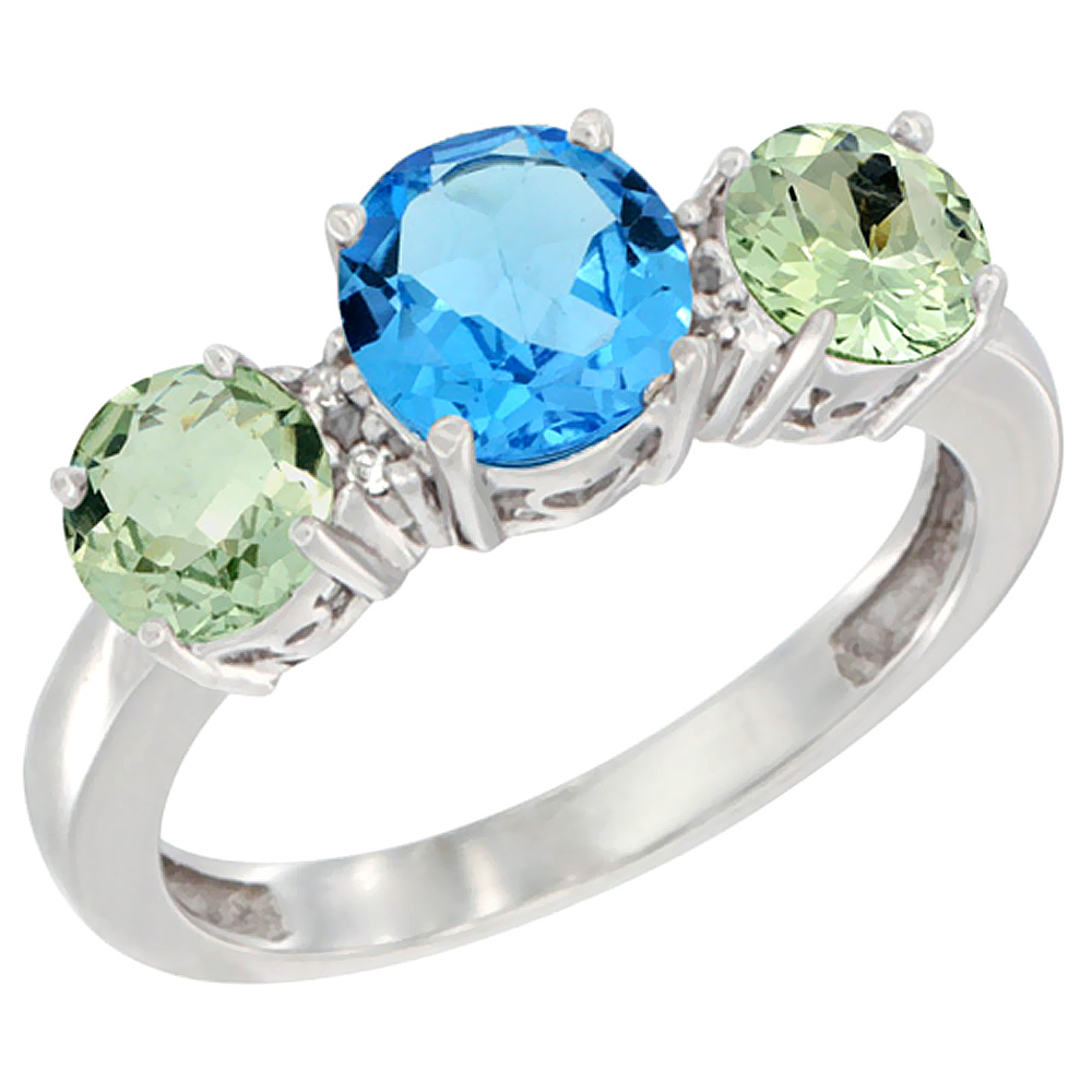 14K White Gold Round 3-Stone Natural Swiss Blue Topaz Ring &amp; Green Amethyst Sides Diamond Accent, sizes 5 - 10
