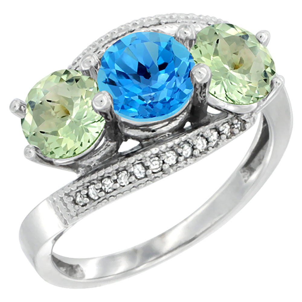14K White Gold Natural Swiss Blue Topaz &amp; Green Amethyst Sides 3 stone Ring Round 6mm Diamond Accent, sizes 5 - 10