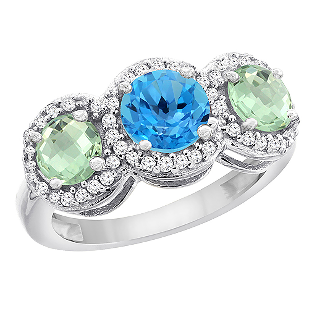 10K White Gold Natural Swiss Blue Topaz & Green Amethyst Sides Round 3-stone Ring Diamond Accents, sizes 5 - 10