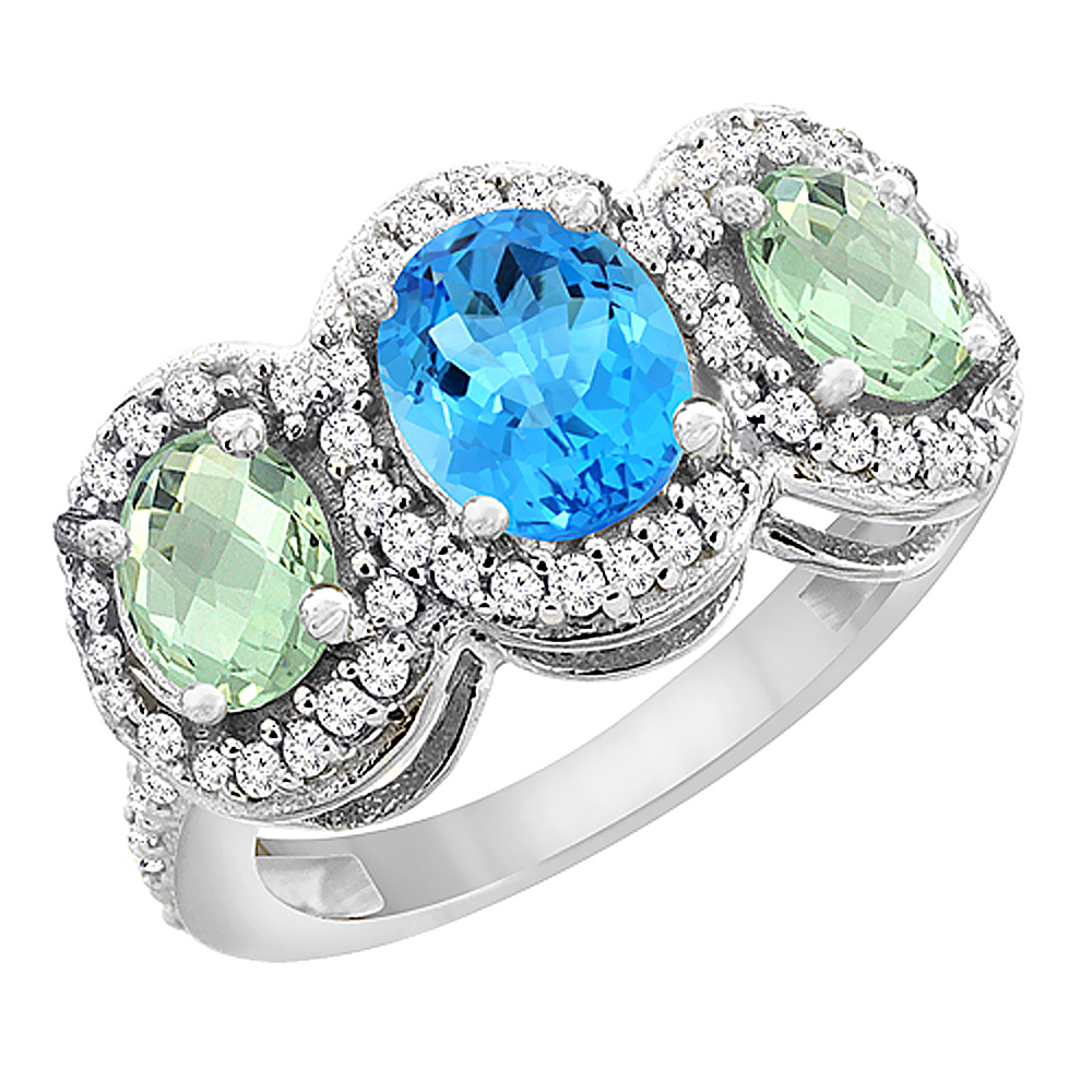 10K White Gold Natural Swiss Blue Topaz &amp; Green Amethyst 3-Stone Ring Oval Diamond Accent, sizes 5 - 10