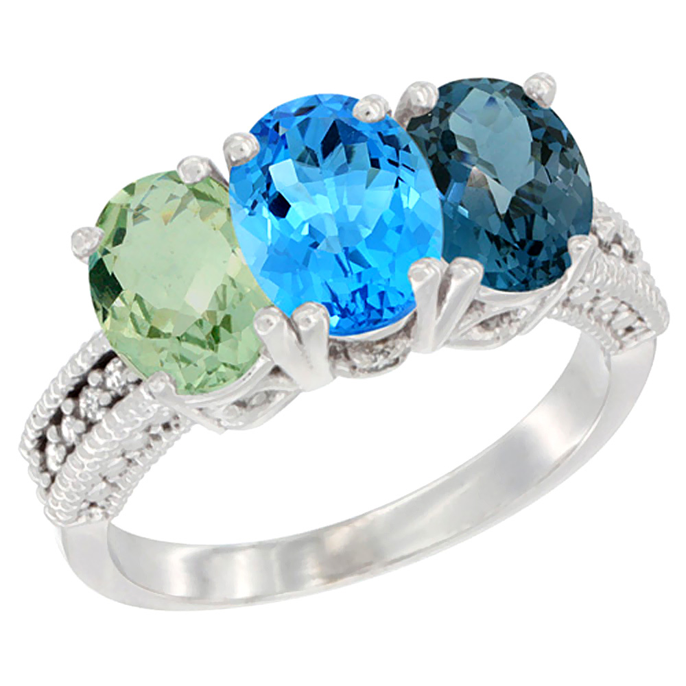 14K White Gold Natural Green Amethyst, Swiss Blue Topaz & London Blue Topaz Ring 3-Stone 7x5 mm Oval Diamond Accent, sizes 5 - 10