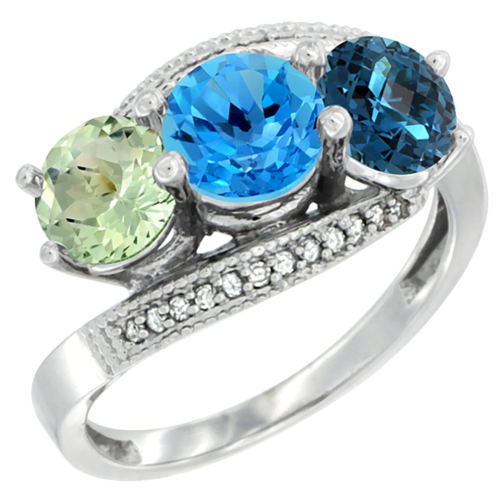 10K White Gold Natural Green Amethyst, Swiss &amp; London Blue Topaz 3 stone Ring Round 6mm Diamond Accent, sizes 5 - 10