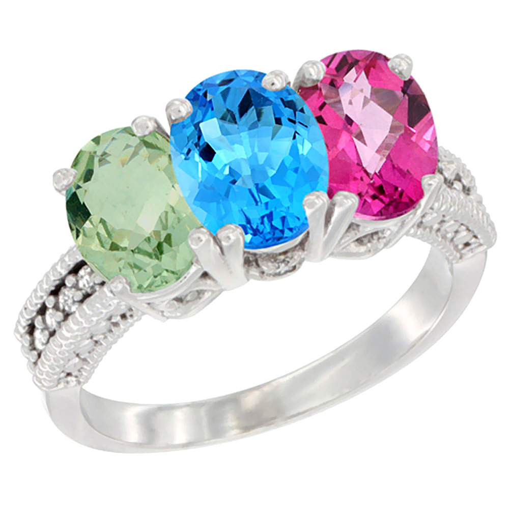 14K White Gold Natural Green Amethyst, Swiss Blue Topaz &amp; Pink Topaz Ring 3-Stone 7x5 mm Oval Diamond Accent, sizes 5 - 10
