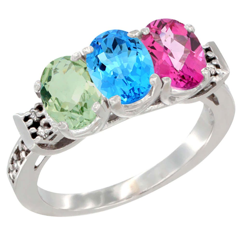 14K White Gold Natural Green Amethyst, Swiss Blue Topaz & Pink Topaz Ring 3-Stone 7x5 mm Oval Diamond Accent, sizes 5 - 10