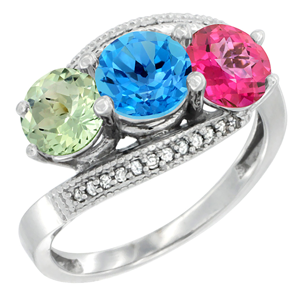10K White Gold Natural Green Amethyst, Swiss Blue &amp; Pink Topaz 3 stone Ring Round 6mm Diamond Accent, sizes 5 - 10