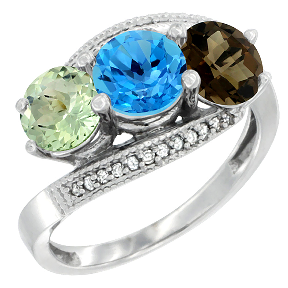 10K White Gold Natural Green Amethyst, Swiss Blue & Smoky Topaz 3 stone Ring Round 6mm Diamond Accent, sizes 5 - 10