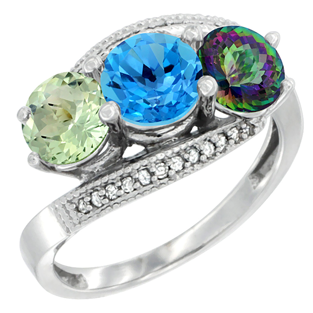 10K White Gold Natural Green Amethyst, Swiss Blue &amp; Mystic Topaz 3 stone Ring Round 6mm Diamond Accent, sizes 5 - 10