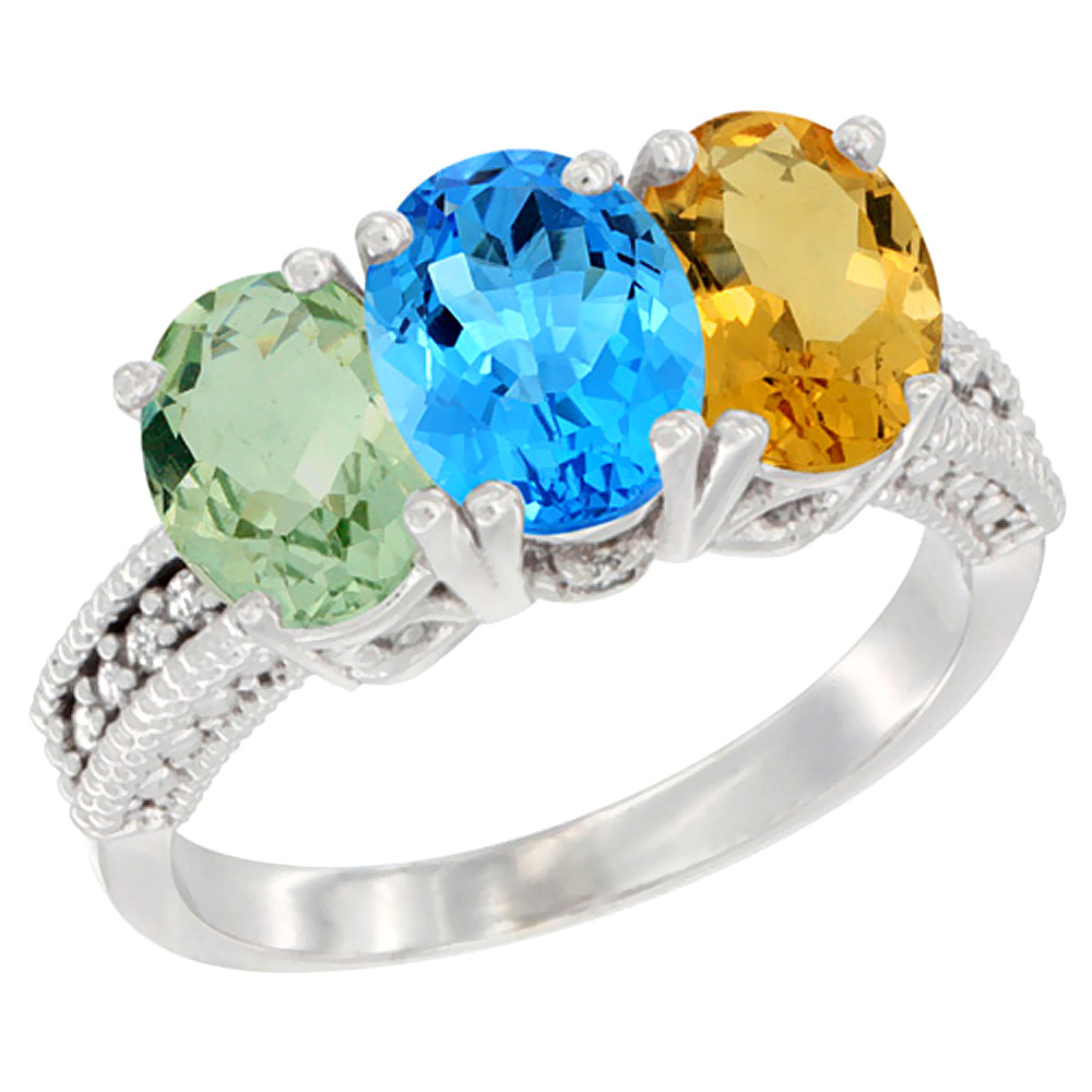10K White Gold Natural Green Amethyst, Swiss Blue Topaz & Citrine Ring 3-Stone Oval 7x5 mm Diamond Accent, sizes 5 - 10