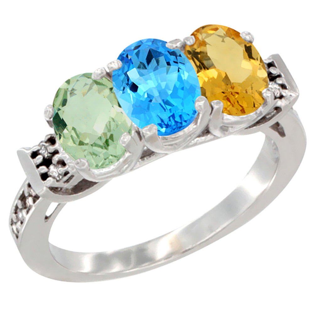 14K White Gold Natural Green Amethyst, Swiss Blue Topaz &amp; Citrine Ring 3-Stone 7x5 mm Oval Diamond Accent, sizes 5 - 10