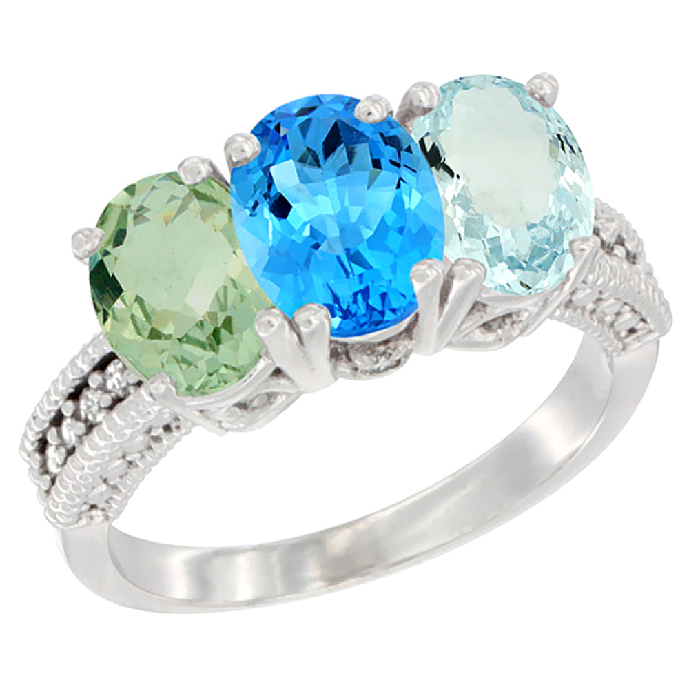 10K White Gold Natural Green Amethyst, Swiss Blue Topaz &amp; Aquamarine Ring 3-Stone Oval 7x5 mm Diamond Accent, sizes 5 - 10