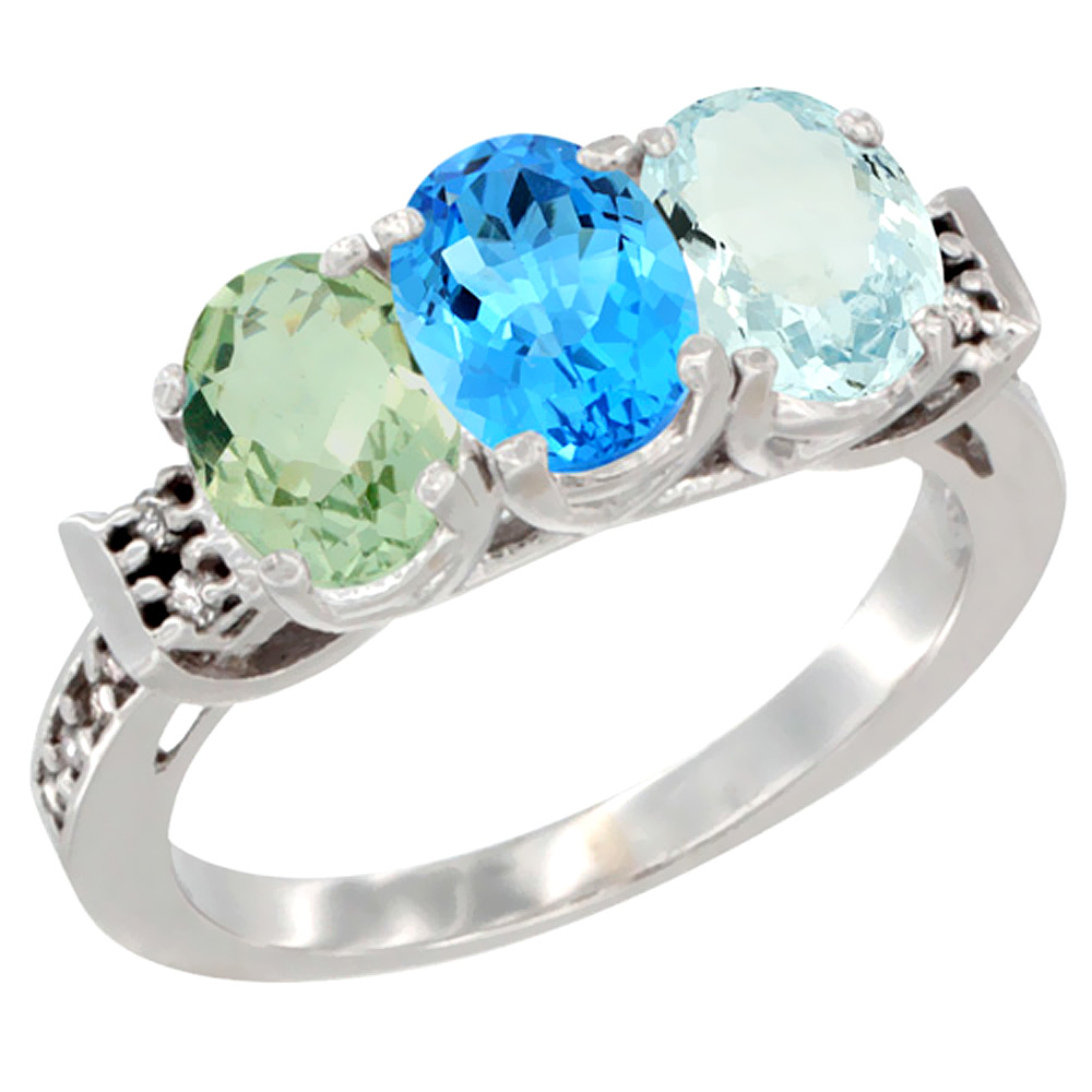 14K White Gold Natural Green Amethyst, Swiss Blue Topaz & Aquamarine Ring 3-Stone 7x5 mm Oval Diamond Accent, sizes 5 - 10
