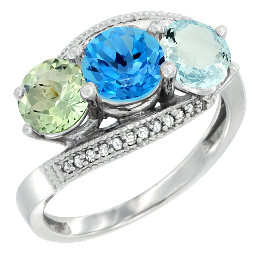 10K White Gold Natural Green Amethyst, Swiss Blue Topaz & Aquamarine 3 stone Ring Round 6mm Diamond Accent, sizes 5 - 10