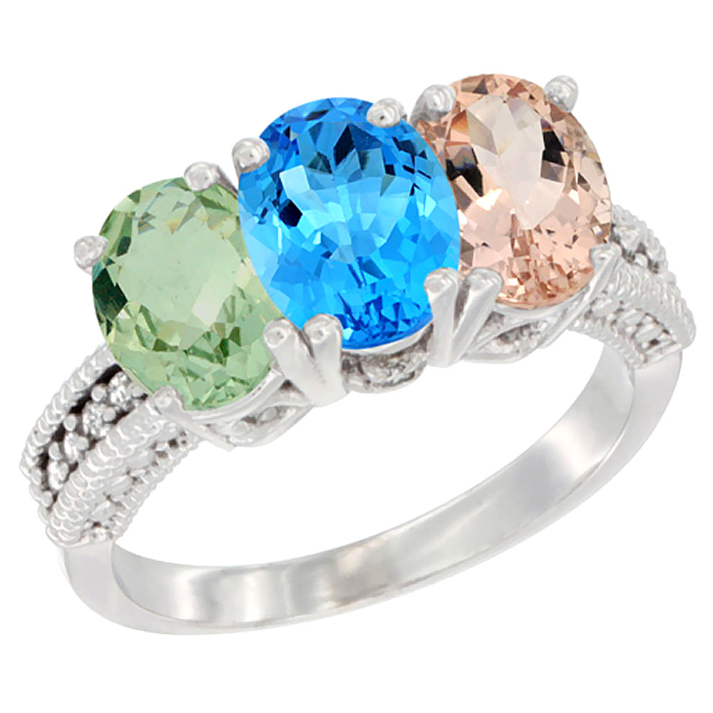 14K White Gold Natural Green Amethyst, Swiss Blue Topaz & Morganite Ring 3-Stone 7x5 mm Oval Diamond Accent, sizes 5 - 10