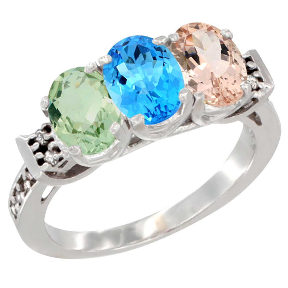 10K White Gold Natural Green Amethyst, Swiss Blue Topaz & Morganite Ring 3-Stone Oval 7x5 mm Diamond Accent, sizes 5 - 10