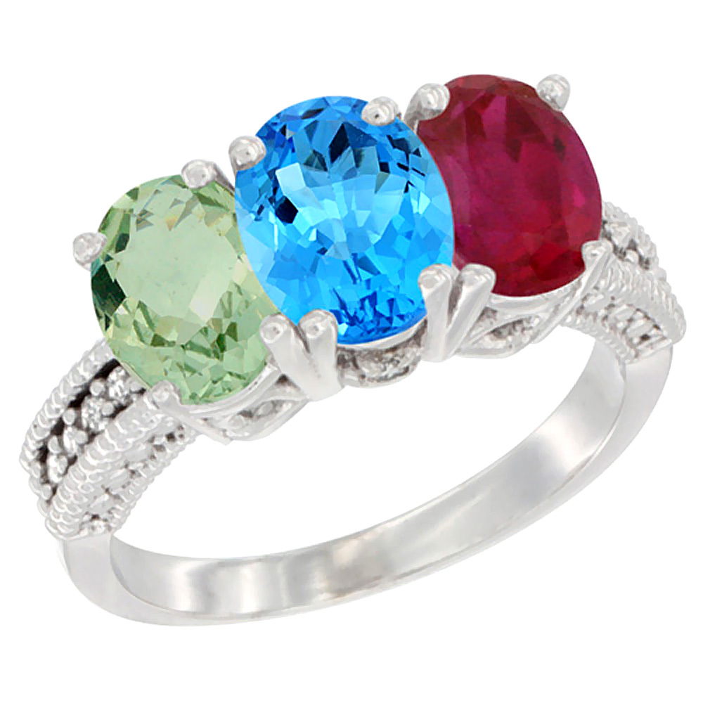 10K White Gold Natural Green Amethyst, Swiss Blue Topaz &amp; Enhanced Ruby Ring 3-Stone Oval 7x5 mm Diamond Accent, sizes 5 - 10