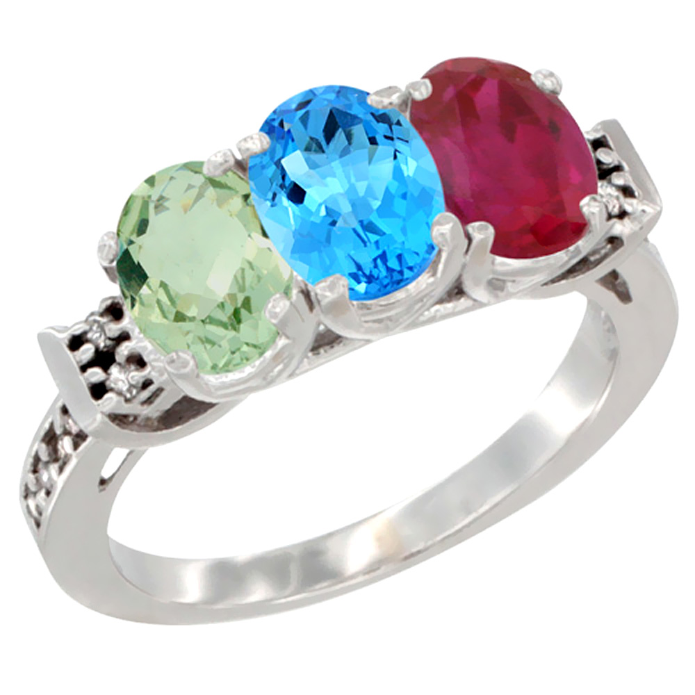 14K White Gold Natural Green Amethyst, Swiss Blue Topaz & Enhanced Ruby Ring 3-Stone 7x5 mm Oval Diamond Accent, sizes 5 - 10